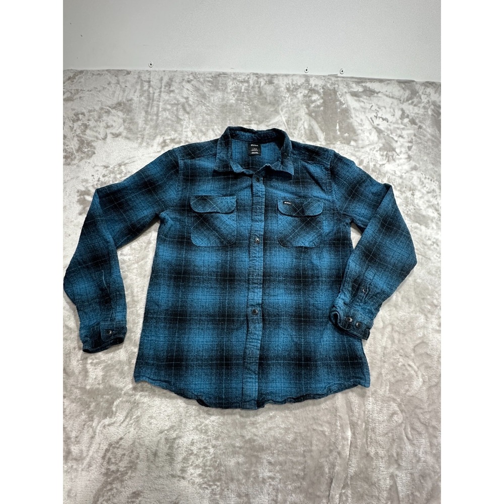 RVCA Shirt Mens Size Large Blues Multicolor Flannel Plaid Casual Pockets EUC